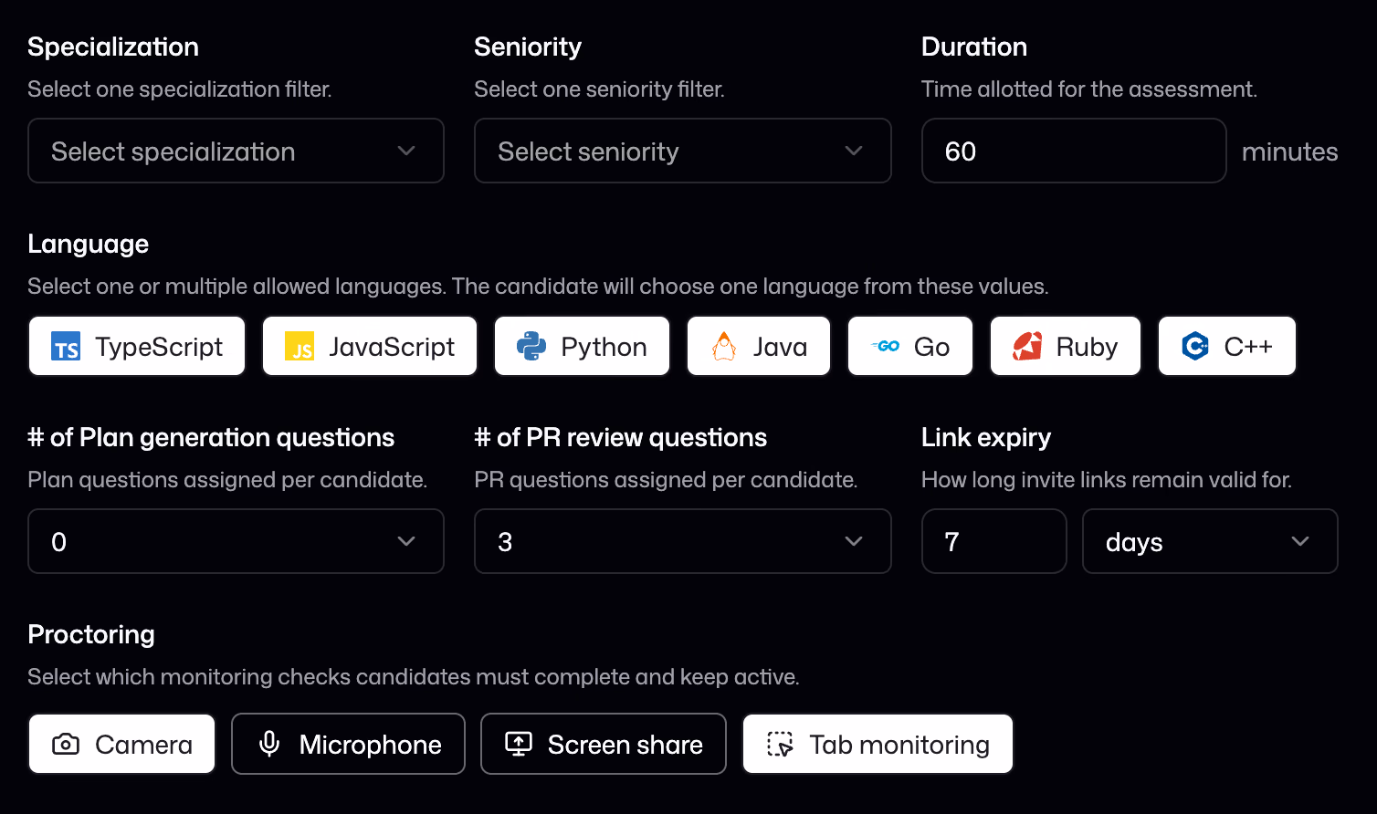 Create assessment configuration interface